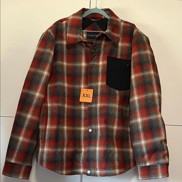 Pendleton Men’s Wool Mix Red and Black Gray Plaid Shirt Jacket- insulated - Picture 1 of 10